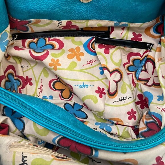 Espe Black Vegan Leather Purse Tote Bag pouch With Pom-Pom Floral Interior boho - Picture 4 of 14